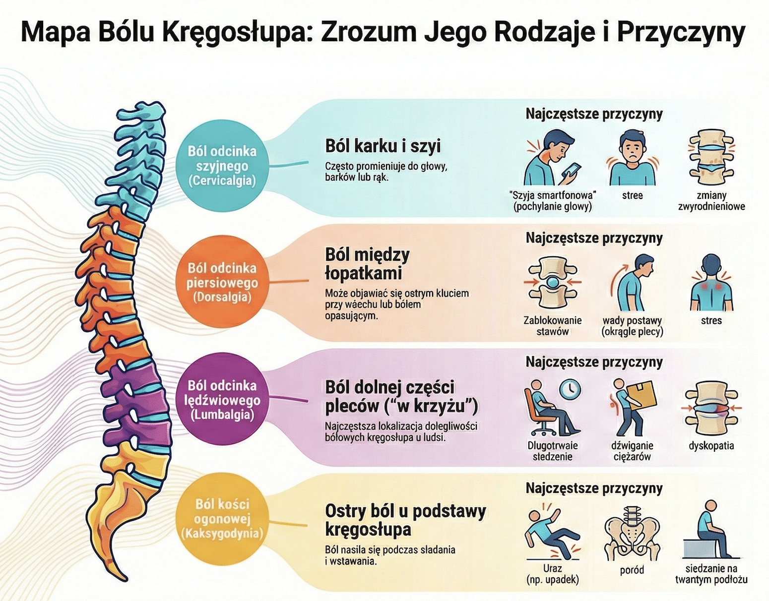 Rodzaje bólu kręgosłupa – Klasyfikacja, Objawy i Diagnostyka Różnicowa Ból pleców to nie jest jedna, jednorodna choroba, ale objaw, który może mieć setki różnych twarzy. Może być ostrym "strzałem", który paraliżuje ruch, tępym "ćmieniem" niepozwalającym zasnąć, albo palącym żarem biegnącym do samej stopy. Dla pacjenta ból to po prostu ból, ale dla specjalisty to kluczowa informacja. Sposób, w jaki boli, gdzie boli i kiedy boli, pozwala nam określić, czy mamy do czynienia z napiętym mięśniem, uszkodzonym dyskiem, czy stanem zapalnym. W tym artykule przedstawię Ci klasyfikację bólów kręgosłupa, która pomoże Ci nazwać to, co czujesz, zrozumieć mechanizm powstania dolegliwości i – co najważniejsze – skierować swoje kroki do odpowiedniego specjalisty. Kluczowe wnioski: Co musisz wiedzieć o rodzajach bólu? Zanim zagłębisz się w szczegółową klasyfikację, zapoznaj się z 5 fundamentami diagnostyki: Czas to kryterium: Ból ostry pełni funkcję ostrzegawczą i mija po wygojeniu tkanki. Ból przewlekły (powyżej 3 miesięcy) staje się chorobą samą w sobie, związaną z nadwrażliwością układu nerwowego. Mechanizm jest kluczem: 90% bólów to bóle mechaniczne (zależne od ruchu). Ból zapalny (niezależny od ruchu, nocny) wymaga czujności i często wizyty u reumatologa. Promieniowanie: Jeśli ból "wędruje" do ręki lub nogi, zazwyczaj świadczy to o ucisku na nerw (radikulopatia), co jest poważniejsze niż ból lokalny. Lokalizacja: Ból szyi (cervicalgia), piersiowy (dorsalgia) i lędźwiowy (lumbalgia) mają zupełnie inne przyczyny i specyfikę leczenia. Diagnostyka: Nie każdy ból wymaga rezonansu. Podstawą rozpoznania rodzaju bólu jest wywiad i badanie funkcjonalne w gabinecie. Rodzaje bólu kręgosłupa ze względu na czas trwania Pierwszym pytaniem, jakie zadajemy pacjentowi w Galileo Medical, jest: "Jak długo to trwa?". Czas trwania dolegliwości determinuje nie tylko nazwę, ale przede wszystkim strategię leczenia i rokowania. Ból ostry (do 6 tygodni) Ból ostry pojawia się nagle i jest bezpośrednią odpowiedzią organizmu na uszkodzenie tkanek. Pełni ważną funkcję biologiczną – jest sygnałem ostrzegawczym ("Stop! Coś się stało, nie ruszaj się, żeby nie pogorszyć"). Przykładem jest tzw. "postrzał" (lumbago), czyli nagłe zablokowanie stawów międzykręgowych przy schylaniu się, lub naderwanie więzadła po dźwignięciu ciężaru. Ból ostry jest zazwyczaj silny, precyzyjnie zlokalizowany i wiąże się ze stanem zapalnym oraz obrzękiem. Dobra wiadomość jest taka, że przy odpowiednim postępowaniu (odciążenie, leki przeciwzapalne, terapia manualna) mija w ciągu kilku dni lub tygodni, gdy tkanki się wygoją. Ból podostry (6-12 tygodni) To "szara strefa" między bólem ostrym a przewlekłym. Tkanki powinny się już wygoić, ale ból nadal się utrzymuje. Jest to moment krytyczny. Jeśli w tym czasie nie wdrożymy odpowiedniej rehabilitacji i nie przywrócimy prawidłowych wzorców ruchowych, ryzyko przejścia w stan przewlekły drastycznie rośnie. Często w tej fazie dominuje już nie stan zapalny, ale osłabienie mięśni i lęk przed ruchem (kinezjofobia). Ból przewlekły (powyżej 3 miesięcy) Gdy ból trwa dłużej niż 3 miesiące (lub dłużej niż naturalny czas gojenia tkanki), mówimy o bólu przewlekłym. W tym przypadku ból traci swoją funkcję ostrzegawczą i staje się odrębną jednostką chorobową. Dochodzi do zjawiska sensytyzacji centralnej – układ nerwowy staje się nadwrażliwy i "uczy się" bólu. Pacjent odczuwa ból, mimo że pierwotne uszkodzenie (np. dysk) dawno się zagoiło. Leczenie bólu przewlekłego jest trudniejsze i wymaga podejścia wielodyscyplinarnego: fizjoterapii, psychoterapii (stres nasila ból przewlekły) oraz farmakoterapii celowanej w układ nerwowy. Rodzaje bólu kręgosłupa ze względu na mechanizm powstawania To najważniejszy podział z punktu widzenia medycznego. Odróżnienie bólu mechanicznego od zapalnego czy neuropatycznego decyduje o tym, czy pomoże Ci masaż, czy potrzebujesz specjalistycznych leków. Ból mechaniczny (Nocyceptywny) Stanowi około 90% wszystkich przypadków bólu kręgosłupa. Wynika z podrażnienia receptorów bólowych (nocyceptorów) w uszkodzonych tkankach: więzadłach, mięśniach, stawach czy pierścieniu włóknistym dysku. Cechy: Jest ściśle powiązany z aktywnością. Nasila się przy konkretnych ruchach (np. schylanie, siedzenie) i obciążeniu, a ustępuje lub maleje w spoczynku i w wygodnej pozycji ułożeniowej. Pacjent potrafi znaleźć pozycję, w której "nie boli". Przykłady: Dyskopatia, choroba zwyrodnieniowa, przeciążenie mięśni, niestabilność. Ból zapalny (Inflamacyjny) Jest znacznie rzadszy, ale groźniejszy, bo często wiąże się z chorobami autoimmunologicznymi (reumatologicznymi), takimi jak Zesztywniające Zapalenie Stawów Kręgosłupa (ZZSK). Cechy: Ból pojawia się w spoczynku, często w drugiej połowie nocy, budząc pacjenta nad ranem. Towarzyszy mu silna sztywność poranna trwająca powyżej 30 minut. Paradoksalnie, ruch i ćwiczenia przynoszą ulgę, a odpoczynek nasila dolegliwości. Wymaga leczenia u reumatologa. Ból neuropatyczny Wynika z uszkodzenia lub dysfunkcji samego układu nerwowego (nerwu, korzenia lub rdzenia), a nie tkanek otaczających. Cechy: Pacjenci opisują go jako "dziwny": palący, piekący, przeszywający jak prąd elektryczny, mrowiący. Może występować przeczulica (dotyk ubrania sprawia ból) lub ubytek czucia (drętwienie). Przykłady: Zaawansowana rwa kulszowa (ucisk korzenia), stenoza kanału kręgowego, neuropatia cukrzycowa. Ten rodzaj bólu słabo reaguje na zwykłe leki przeciwbólowe (paracetamol, ibuprofen). Ból psychogenny (Psychosomatyczny) Ciało i umysł są naczyniami połączonymi. Przewlekły stres, lęk czy depresja mogą powodować realne, fizyczne napięcie mięśni przykręgosłupowych (wzmożony tonus). Ból ten jest często wędrujący, zmienny i nasila się w sytuacjach stresowych, mimo braku widocznych uszkodzeń w badaniach obrazowych (np. rezonansie). Rodzaje bólu kręgosłupa według lokalizacji Kręgosłup dzieli się na odcinki, a każdy z nich choruje "inaczej" i daje inne objawy. Cervicalgia (Ból odcinka szyjnego) Ból karku i szyi. Często promieniuje do potylicy (szyjnopochodne bóle głowy), barków lub rąk. Przyczyny: Najczęściej tzw. "szyja smartfonowa" (Text Neck) – przeciążenie wynikające z pochylania głowy, stres (napięcie mięśni kapturowych) oraz zmiany zwyrodnieniowe. Może prowadzić do rwy barkowej (promieniowanie do palców dłoni). Dorsalgia (Ból pleców środkowych) Ból odcinka piersiowego, często zlokalizowany między łopatkami. Przyczyny: Zablokowanie stawów żebrowo-kręgowych (ostre kłucie przy wdechu), neuralgie międzyżebrowe (ból opasujący klatkę piersiową), kifoza (okrągłe plecy). Jest to odcinek najmniej ruchomy, ale silnie reagujący na stres i emocje. Lumbalgia (Ból lędźwi) Ból dolnego odcinka pleców ("krzyża"). Najczęstsza lokalizacja dolegliwości bólowych u człowieka. Przyczyny: Przeciążenia statyczne (siedzenie), dźwiganie, dyskopatia lędźwiowa, kręgozmyk. Może występować jako ból lokalny lub promieniujący do nóg (rwa kulszowa/udowa). Ból kości ogonowej (Kokcygodynia) Specyficzny, ostry ból w najniższym punkcie kręgosłupa (kość guziczna). Przyczyny: Zazwyczaj uraz (upadek na pośladki), przeciążenie podczas porodu lub długotrwałe siedzenie na twardym podłożu. Ból nasila się przy siadaniu i wstawaniu. Charakter promieniowania – Ból miejscowy a rzutowany Nie każdy ból zostaje w plecach. To, dokąd "wędruje", jest dla diagnosty w Galileo Medical kluczową wskazówką. Ból miejscowy (Lokalny) Ograniczony do konkretnego obszaru pleców (np. "boli mnie punktowo przy kręgosłupie"). Zazwyczaj wskazuje na uszkodzenie struktur lokalnych: naciągnięcie mięśnia, zablokowanie stawu międzywyrostkowego lub uszkodzenie więzadła. Pacjent potrafi precyzyjnie wskazać bolące miejsce palcem. Ból korzeniowy (Radikulopatia) Powstaje w wyniku bezpośredniego ucisku na korzeń nerwowy wychodzący z rdzenia. Ból jest ostry, "elektryczny" i promieniuje wzdłuż konkretnego nerwu (zgodnie z mapą dermatomów). Przykład: Rwa kulszowa (promieniowanie pasem przez pośladek do stopy) czy rwa barkowa (promieniowanie do ręki). Często towarzyszą mu objawy neurologiczne: mrowienie, osłabienie siły mięśni. Ból rzutowany (Odległy) To ból, który jest odczuwany w plecach, ale jego źródło leży w narządach wewnętrznych (trzewiach). Wynika to ze wspólnego unerwienia. Przykłady: Kolka nerkowa (ból lędźwi promieniujący do pachwiny), zapalenie trzustki (ból opasujący plecy), zawał serca (ból między łopatkami), endometrioza (ból krzyża). Ból ten jest zazwyczaj niezależny od ruchu kręgosłupa. Specyficzne zespoły bólowe pleców W opisach rezonansu lub diagnozach często pojawiają się trudne terminy. Oto co oznaczają w praktyce i jak je "czuje" pacjent. Ból dyskogenny Pochodzi z uszkodzonego krążka międzykręgowego (dysku). Wnętrze dysku nie jest unerwione, ale jego zewnętrzna warstwa (pierścień włóknisty) – tak. Objawy: Głęboki, centralny ból kręgosłupa, który drastycznie nasila się przy siedzeniu, schylaniu (zgięciu) i kaszlu (wzrost ciśnienia wewnątrz dysku). Pacjent często czuje się lepiej, gdy chodzi lub leży. Ból fasetowy (Zespół stawów międzywyrostkowych) Źródłem bólu są małe stawy łączące kręgi z tyłu. Ulegają one przeciążeniu lub zwyrodnieniu. Objawy: Ból nie jest centralny, lecz zlokalizowany nieco z boku kręgosłupa. Nasila się przy wyproście (odchylaniu do tyłu) i rotacji, a także przy długim staniu. Siedzenie i lekkie pochylenie często przynoszą ulgę (odwrotnie niż przy dysku!). Ból mięśniowo-powięziowy Wynika z obecności punktów spustowych (Trigger Points) i sklejenia powięzi. Objawy: Tępy, rozlany, "ćmiący" ból, któremu towarzyszy uczucie sztywności i "ciasnego gorsetu". Ból może promieniować w sposób nielogiczny anatomicznie (np. z łopatki do ręki, ale nie wzdłuż nerwu). Diagnostyka różnicowa w Galileo Medical Skuteczne leczenie zaczyna się od nazwania problemu. Ból pleców to zagadka, którą trzeba rozwiązać, a nie tylko uciszyć. W naszej placówce w Piasecznie proces diagnostyczny jest wieloetapowy i opiera się na łączeniu faktów z wywiadu, badania fizykalnego oraz obrazowania. Wywiad To najważniejsze narzędzie diagnostyczne. Lekarz lub fizjoterapeuta zadaje serię pytań, które pozwalają zawęzić krąg podejrzanych. Pytamy o: Charakter bólu: Czy jest tępy i głęboki (sugeruje dysk/stawy), czy ostry, palący i "elektryczny" (sugeruje nerw)? Pora występowania: Ból poranny ze sztywnością sugeruje stan zapalny lub zmiany zwyrodnieniowe. Ból nasilający się wieczorem – przeciążenie mechaniczne. Ból budzący w nocy – to sygnał alarmowy (tzw. ból spoczynkowy). Czynniki modyfikujące: Co przynosi ulgę? Jeśli leżenie z nogami ugiętymi pomaga, to prawdopodobnie odciążasz kręgosłup lędźwiowy. Jeśli chodzenie pomaga, a siedzenie szkodzi – to inna wskazówka. Historia urazów i styl życia: Nawet dawny wypadek samochodowy może mieć wpływ na dzisiejszy ból odcinka szyjnego. Testy funkcjonalne i badanie manualne Fizjoterapeuta nie tylko patrzy, ale "słucha" tkanki rękami. Wykonujemy testy prowokacyjne, np.: Test Lasegue’a i objaw Mackiewicza: Unoszenie kończyn w celu sprawdzenia, czy dochodzi do naciągnięcia korzeni nerwowych (potwierdzenie rwy kulszowej lub udowej). Testy oporowe: Sprawdzają siłę mięśni i wykluczają uszkodzenia ścięgien lub osłabienie wynikające z niedowładu. Badanie gry stawowej (Joint Play): Terapeuta sprawdza ruchomość każdego kręgu z osobna. Szukamy segmentów zablokowanych (hipomobilnych) lub zbyt luźnych (niestabilnych). Palpacja: Pozwala wykryć napięcie mięśniowe i aktywne punkty spustowe, które mogą imitować ból korzeniowy. Obrazowanie (MRI, RTG, TK) – Kiedy jest konieczne? Wielu pacjentów przychodzi z pytaniem: "Czy muszę robić rezonans?". W Galileo Medical wyznajemy zasadę: leczymy pacjenta, a nie zdjęcie. Rezonans Magnetyczny (MRI): Jest złotym standardem, gdy podejrzewamy uszkodzenie tkanek miękkich: dysku (przepuklina), więzadeł, rdzenia kręgowego lub korzeni nerwowych. Jest niezbędny przed ewentualną operacją lub gdy objawy neurologiczne narastają. Rentgen (RTG): Przydatny głównie do oceny struktur kostnych (złamania, zaawansowane osteofity, skolioza, kręgozmyk). Tomografia (TK): Stosowana rzadziej, głównie w diagnostyce urazów kostnych i zmian nowotworowych. Czerwone flagi w klasyfikacji bólu Niektóre rodzaje bólu wymagają natychmiastowej interwencji lekarskiej, ponieważ mogą świadczyć o poważnych chorobach ogólnoustrojowych. W medycynie nazywamy je "Czerwonymi Flagami" (Red Flags). Ich zbagatelizowanie może mieć nieodwracalne skutki. Ból nocny i spoczynkowy: To jeden z najbardziej niepokojących objawów. Jeśli ból jest silny, stały, nie zmienia się po zmianie pozycji w łóżku, wybudza ze snu i nie reaguje na typowe leki przeciwbólowe – może sugerować proces nowotworowy (np. przerzuty do kręgosłupa) lub tętniaka aorty. Ból z gorączką i dreszczami: Jeśli bólowi pleców towarzyszy wysoka temperatura (bez objawów grypy/przeziębienia), może to sugerować infekcję kręgosłupa (np. zapalenie krążka międzykręgowego, ropień nadtwardówkowy) lub ostre odmiedniczkowe zapalenie nerek. Zespół ogona końskiego: Nagłe wystąpienie zaburzeń czucia w okolicy krocza i odbytu (znieczulenie siodłowe), połączone z nietrzymaniem moczu lub stolca oraz osłabieniem nóg. To stan wymagający operacji w ciągu 24-48 godzin, aby uniknąć trwałego kalectwa. Nagły niedowład: Szybko postępujące osłabienie siły mięśniowej (np. opadająca stopa, niemożność wejścia na schody) świadczy o masywnym ucisku na korzeń nerwowy lub rdzeń. Ból po urazie u seniora: U osób starszych z osteoporozą nawet błahy upadek lub mocniejsze "klapnięcie" na krzesło może spowodować kompresyjne złamanie kręgu. Historia pacjenta – Ból mieszany Często pacjenci prezentują ból o charakterze mieszanym, co utrudnia diagnozę i sprawia, że standardowe leczenie (np. tylko leki przeciwzapalne) jest nieskuteczne. Oto przykład z naszej praktyki, pokazujący, jak ważne jest rozróżnienie typów bólu. Pacjent: Marek, 45 lat, pracownik fizyczny w magazynie. Objawy: Zgłosił się z bardzo silnym bólem lędźwi (LS) oraz palącym, "elektrycznym" bólem i mrowieniem w prawej nodze, sięgającym do stopy. Komponenta mechaniczna: Ból pleców nasilał się drastycznie przy schylaniu i dźwiganiu, a malał w leżeniu (sugerowało to problem dyskowy). Komponenta neuropatyczna: Ból nogi był stały, piekący, nie reagował na zwykłe leki przeciwbólowe (NLPZ) i nasilał się w nocy (sugerowało to uszkodzenie nerwu i nadwrażliwość układu nerwowego). Diagnostyka: MRI potwierdziło dużą przepuklinę L5/S1 uciskającą korzeń S1. Jednak badanie manualne w Galileo Medical wykazało coś jeszcze: silne, aktywne punkty spustowe w mięśniu pośladkowym mniejszym, które imitowały część objawów rwy (tzw. pseudorwa). Leczenie wielotorowe: Musieliśmy zadziałać na trzy fronty: Na ból mechaniczny (Dysk): Zastosowano terapię manualną (dekompresję i trakcję), aby odciążyć dysk i zmniejszyć ucisk mechaniczny. Wdrożono ćwiczenia metodą McKenziego w celu centralizacji bólu. Na ból neuropatyczny (Nerw): Włączono neuromobilizacje (ćwiczenia ślizgowe dla nerwu kulszowego), aby poprawić jego odżywienie. Lekarz współpracujący włączył leki celowane w ból neuropatyczny (pregabalina), aby wyciszyć "burzę elektryczną" w uciśniętym nerwie, co pozwoliło pacjentowi spać. Na ból mięśniowy: Wykonano igłoterapię suchą mięśni pośladkowych, eliminując ból rzutowany. Efekt: Dzięki precyzyjnemu rozróżnieniu rodzajów bólu i celowanemu leczeniu każdego z nich, Pan Marek uniknął operacji. Po 4 tygodniach wrócił do lekkiej pracy, a po 3 miesiącach do pełnej sprawności z wdrożonym treningiem stabilizacyjnym. Podsumowanie Zrozumienie rodzaju bólu to pierwszy krok do jego pokonania. Wiedza, czy Twój ból jest mechaniczny (potrzebuje ruchu i terapii), zapalny (potrzebuje leków przeciwreumatycznych) czy neuropatyczny (wymaga leczenia nerwu), pozwala uniknąć błędnych terapii i lat cierpienia. W Galileo Medical specjalizujemy się w precyzyjnej diagnostyce różnicowej i leczeniu każdego typu dolegliwości kręgosłupa. Nie wiesz, jaki masz rodzaj bólu? Pomożemy Ci to ustalić. 👉 Umów wizytę diagnostyczną w Galileo Medical! Najczęściej zadawane pytania (FAQ): 1. Jakie są najczęstsze przyczyny bólu kręgosłupa? Najczęstsze przyczyny bólu kręgosłupa to zmiany zwyrodnieniowe kręgosłupa, przeciążenia mięśniowe, dyskopatia oraz urazy. Przyczyny bólu pleców mogą obejmować także problemy ze stawów i kręgosłupa, a w niektórych przypadkach przyczyną bólu jest stan zapalny lub choroba przewlekła. Ból kręgosłupa – najczęstsze przyczyny zależą od odcinka kręgosłupa, np. ból kręgosłupa szyjnego ma inne powody niż ból kręgosłupa lędźwiowego. 2. Jakie rodzaje bólu kręgosłupa występują w różnych częściach kręgosłupa? Rodzaj bólu pleców i krzyża różni się w zależności od przyczyny i odcinka: ból kręgosłupa w odcinku szyjnym często daje ból pleców między łopatkami lub promieniuje do ramienia; ból kręgosłupa piersiowego objawia się w odcinku piersiowym kręgosłupa; ból kręgosłupa lędźwiowego (ból w dole pleców, ból w dolnej części pleców) może promieniować do nóg. Ból kręgosłupa może mieć różne nasilenie — od bólu mięśni po silny ból pleców związany z uszkodzeniem struktur. 3. Kiedy warto wykonać rezonans magnetyczny kręgosłupa i jakie są typowe objawy? Rezonans magnetyczny kręgosłupa zaleca się przy przewlekły ból pleców, nasilającym się bólu w okolicy, neurologicznych objawach (mrowienie, osłabienie) lub gdy leczenie zachowawcze nie przynosi poprawy. Kręgosłupa – objawy wskazujące na konieczność diagnostyki to utrzymujący się ból kręgosłupa w odcinku lędźwiowym lub szyjnym, ból pleców między łopatkami, a także ból podbrzusza związany z promieniowaniem. Badanie pomaga określić stan kręgosłupa i ewentualne zmiany zwyrodnieniowe kręgosłupa. 4. Jakie są metody leczenia bólu kręgosłupa i co może pomóc na ból kręgosłupa? Leczenie bólu kręgosłupa zależy od przyczyny i może obejmować leczenie zachowawcze: regularne ćwiczenia, fizjoterapię, niesteroidowe leki przeciwzapalne oraz terapię przeciwbólową. W cięższych przypadkach konieczne są procedury inwazyjne lub operacja. Odpowiednie leczenie obejmuje także edukację pacjenta, poprawę ergonomii oraz rehabilitację dla części pleców dotkniętych bólem. Celem jest złagodzić ból i przywrócić funkcję w obrębie kręgosłupa. 5. Czy ból kręgosłupa może wystąpić w czasie ciąży i jak go leczyć? Ból kręgosłupa w ciąży jest częsty, zwłaszcza w odcinku lędźwiowym i odcinku piersiowym kręgosłupa, z powodu zmiany ciężaru ciała i obciążenia stanu kręgosłupa. Przyczyny i leczenie obejmują ćwiczenia dostosowane do ciąży, fizjoterapię i techniki łagodzenia bólu bez leków, gdy to możliwe. W przypadku silnego bólu należy skonsultować się z lekarzem, by dobrać bezpieczne metody, ponieważ ból kręgosłupa może mieć różne powody i wymagać odpowiedniego leczenia. Bibliografia Treści medyczne zawarte w artykule oparte są na aktualnej wiedzy z zakresu ortopedii, neurologii, reumatologii oraz fizjoterapii. Literatura polska: Szczeklik A., Gajewski P., Interna Szczeklika 2023, Wydawnictwo Medycyna Praktyczna, Kraków. (Rozdziały dotyczące bólu pleców i chorób reumatycznych). Dziak A., Bóle i dysfunkcje kręgosłupa, Wydawnictwo Lekarskie PZWL, Warszawa 2008. (Klasyka polskiej literatury o bólach kręgosłupa). Dobrogowski J., Wordliczek J., Medycyna bólu, Wydawnictwo Lekarskie PZWL, Warszawa. (Klasyfikacja bólu: nocyceptywny vs neuropatyczny). Literatura zagraniczna: IASP (International Association for the Study of Pain), Classification of Chronic Pain. (Międzynarodowe standardy klasyfikacji bólu). Maitland G.D., Maitland's Vertebral Manipulation, Elsevier Health Sciences. (Koncepcja bólu mechanicznego i zaburzeń ruchomości). Waddell G., The Back Pain Revolution, Churchill Livingstone. (Nowoczesne podejście do diagnostyki i leczenia bólów kręgosłupa). Meta Title (3 warianty): Wariant edukacyjny: Rodzaje bólu kręgosłupa – Mechaniczny czy Zapalny? | Galileo Medical Wariant problemowy: Ból ostry, przewlekły czy korzeniowy? Klasyfikacja bólu pleców Wariant ekspercki: Jak rozpoznać rodzaj bólu kręgosłupa? Diagnostyka i Leczenie | Galileo Medical Meta Description (3 warianty): Fokus na klasyfikację: "Gubisz się w terminach? Lumbago, rwa, dyskopatia? Poznaj rodzaje bólu kręgosłupa i naucz się je odróżniać. Przeczytaj kompendium ekspertów." Fokus na objawy: "Twój ból budzi Cię w nocy czy nasila się przy ruchu? To kluczowa różnica. Sprawdź, czy cierpisz na ból mechaniczny czy zapalny. Poradnik Galileo Medical." Fokus na rozwiązanie: "Ból pleców ma wiele twarzy. Dowiedz się, jak odróżnić ból mięśniowy od uszkodzenia nerwu. Diagnostyka różnicowa i skuteczne leczenie w Piasecznie."