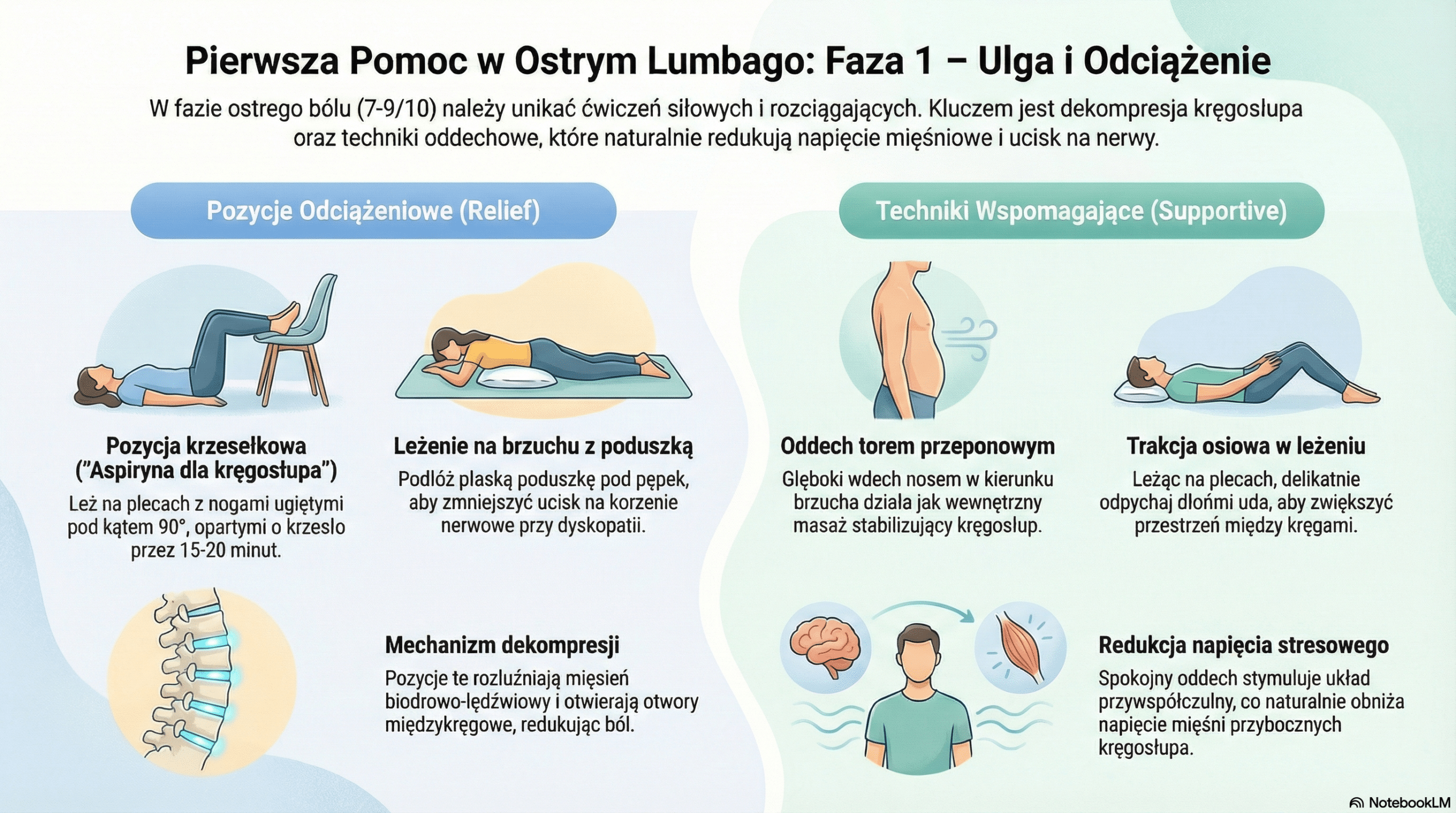 Ćwiczenia na lumbago - Faza 1: Pozycje ułożeniowe i oddech