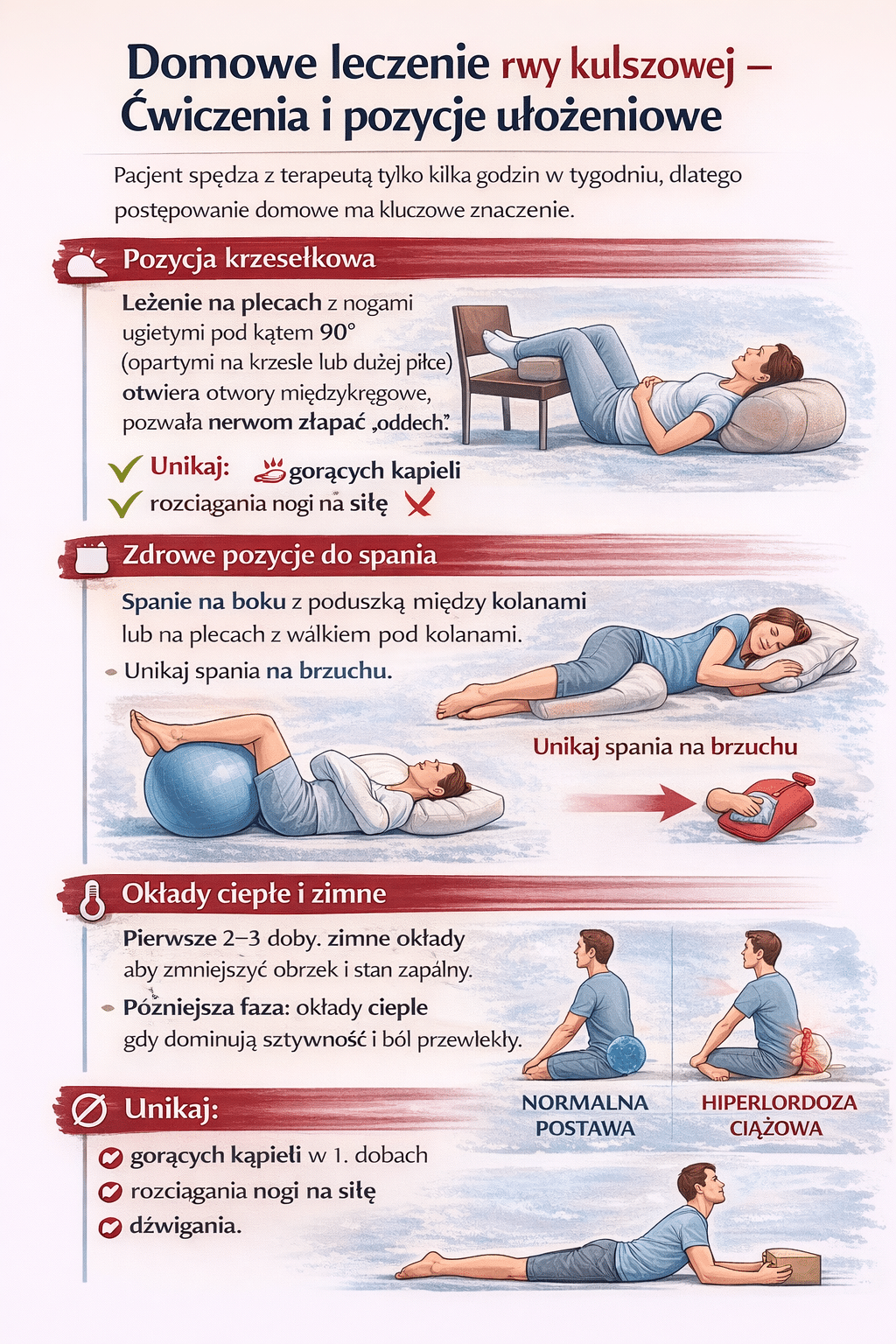 Domowe leczenie rwy kulszowej – Ćwiczenia i pozycje ułożeniowe