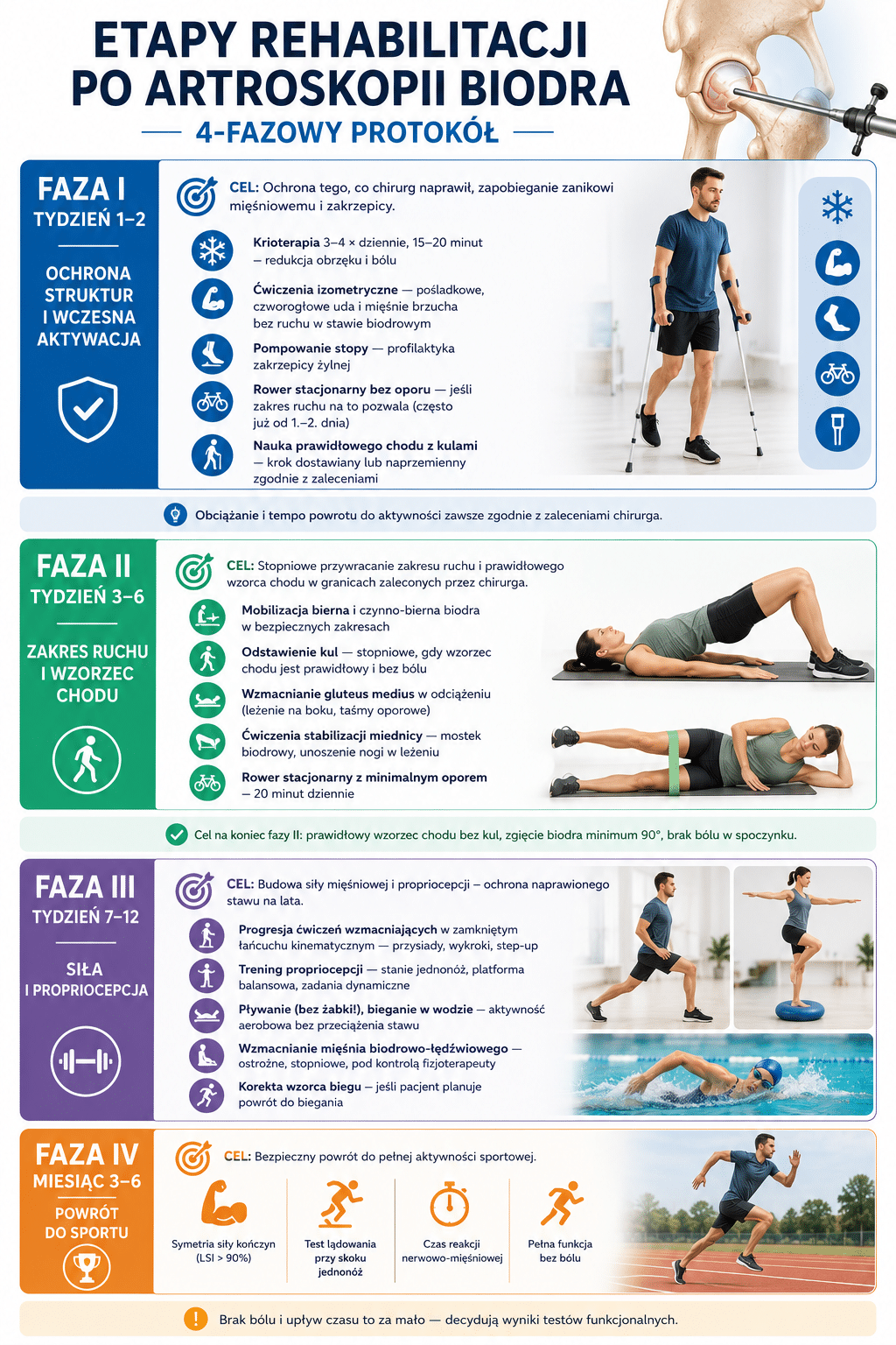 Etapy rehabilitacji po artroskopii biodra — 4-fazowy protokół