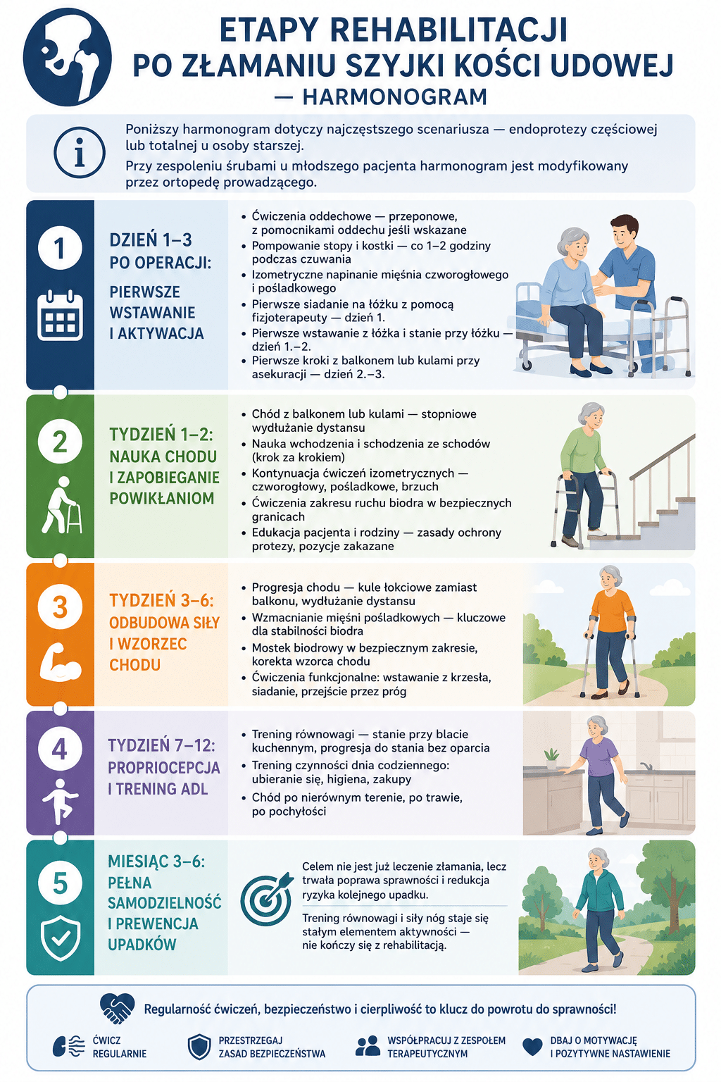 Etapy rehabilitacji po złamaniu szyjki kości udowej — harmonogram